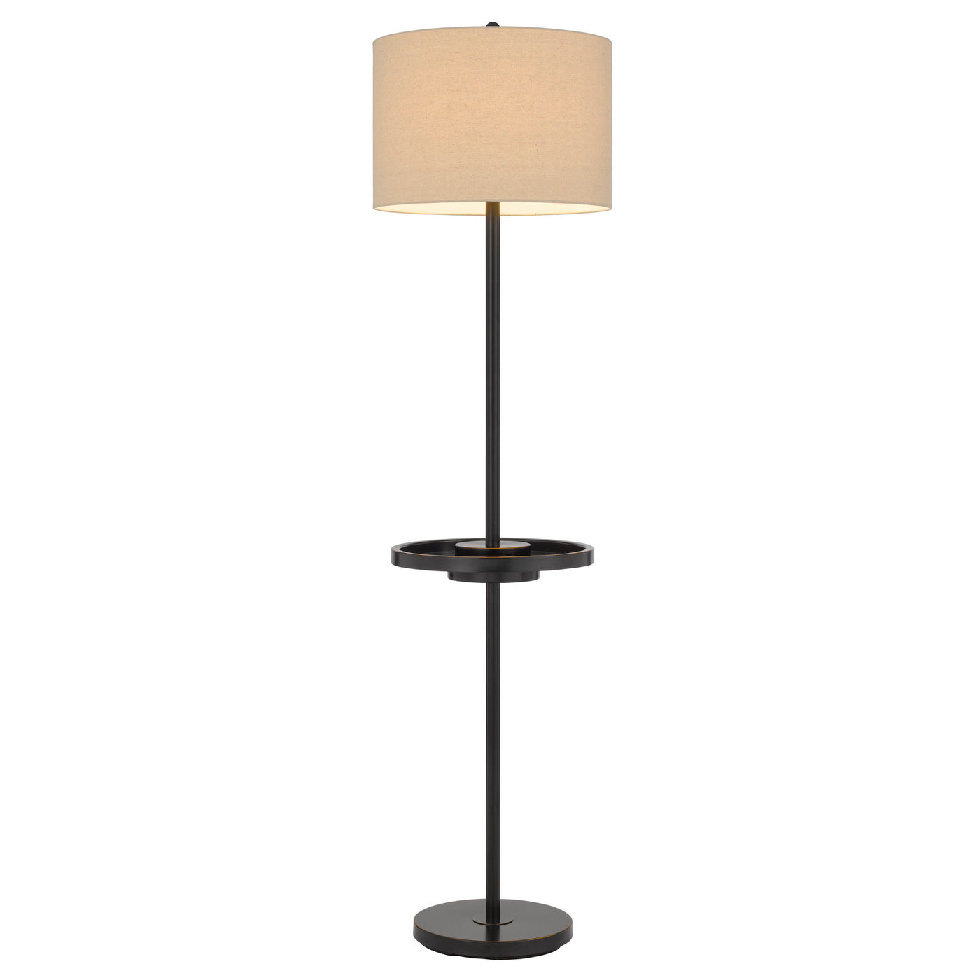 CROFTON METAL FLOOR LAMP WITH METAL TRAY TABLE AND 2 USB CHARGING PORTS AND A WEIGHT BASE.