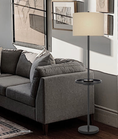 CROFTON METAL FLOOR LAMP WITH METAL TRAY TABLE AND 2 USB CHARGING PORTS AND A WEIGHT BASE.