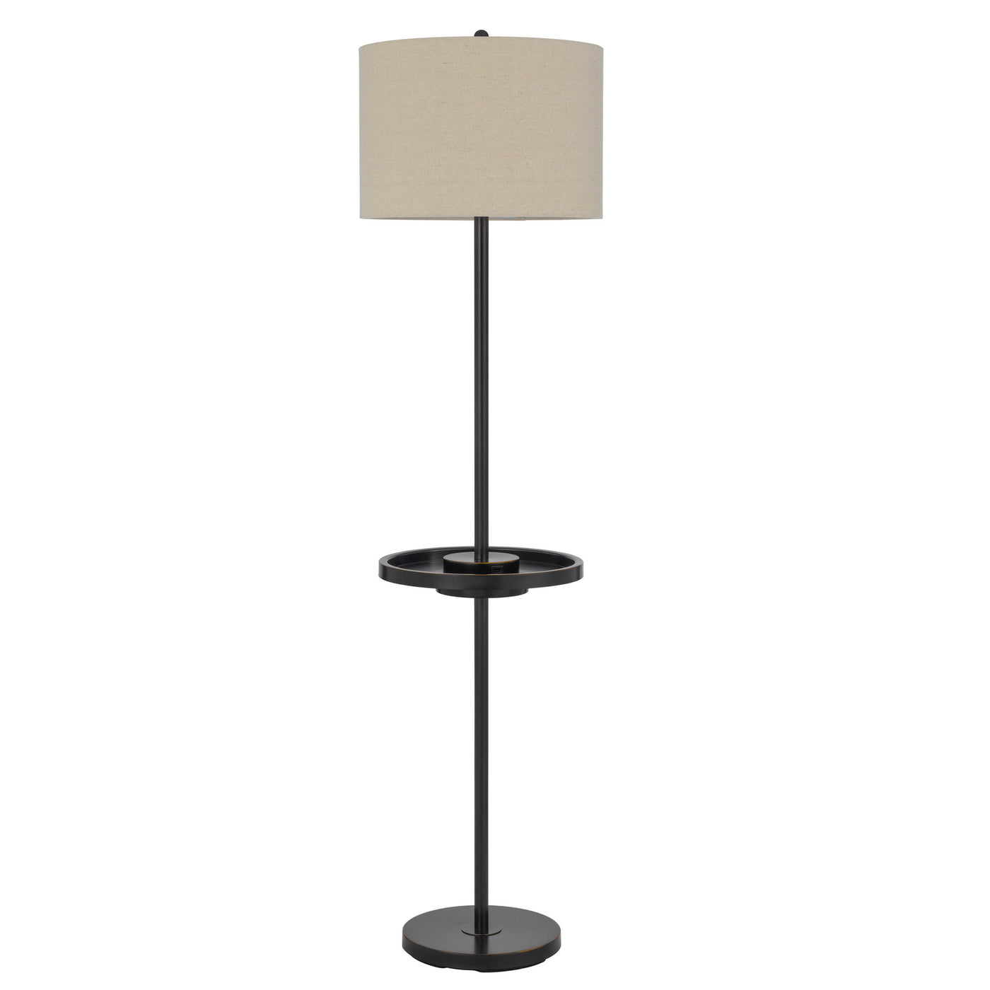 Crofton metal floor lamp with metal tray table and 2 USB charging ports and a weight base.