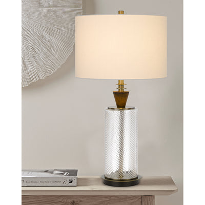 150W 3 WAY SHERWOOD GLASS TABLE LAMP WITH WOOD FONT AND HARDBACK FABRIC DRUM SHADE