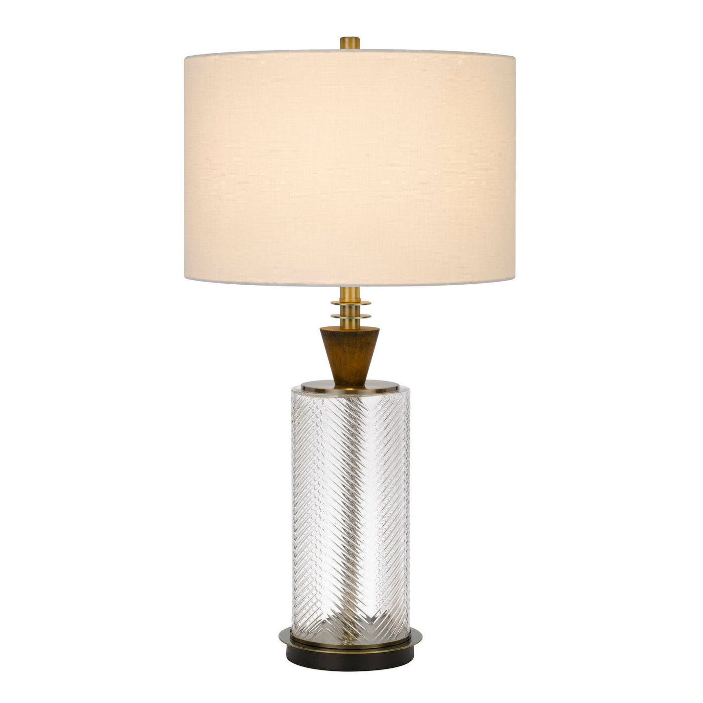 150W 3 WAY SHERWOOD GLASS TABLE LAMP WITH WOOD FONT AND HARDBACK FABRIC DRUM SHADE