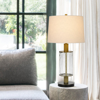 150W 3 WAY MORRILTON GLASS TABLE LAMP WITH WOOD POLE AND HARDBACK TAPER DRUM FABRIC SHADE