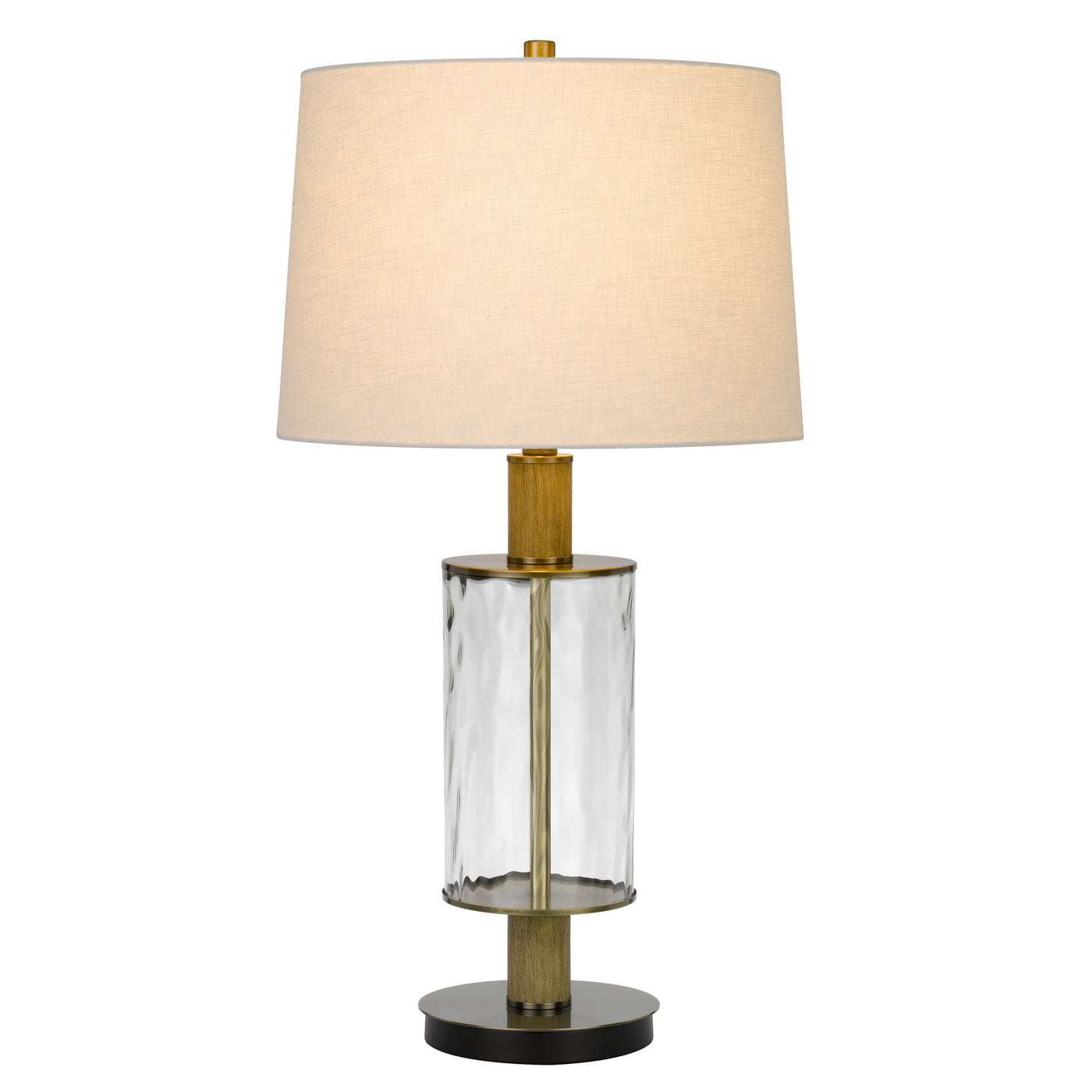 150W 3 WAY MORRILTON GLASS TABLE LAMP WITH WOOD POLE AND HARDBACK TAPER DRUM FABRIC SHADE