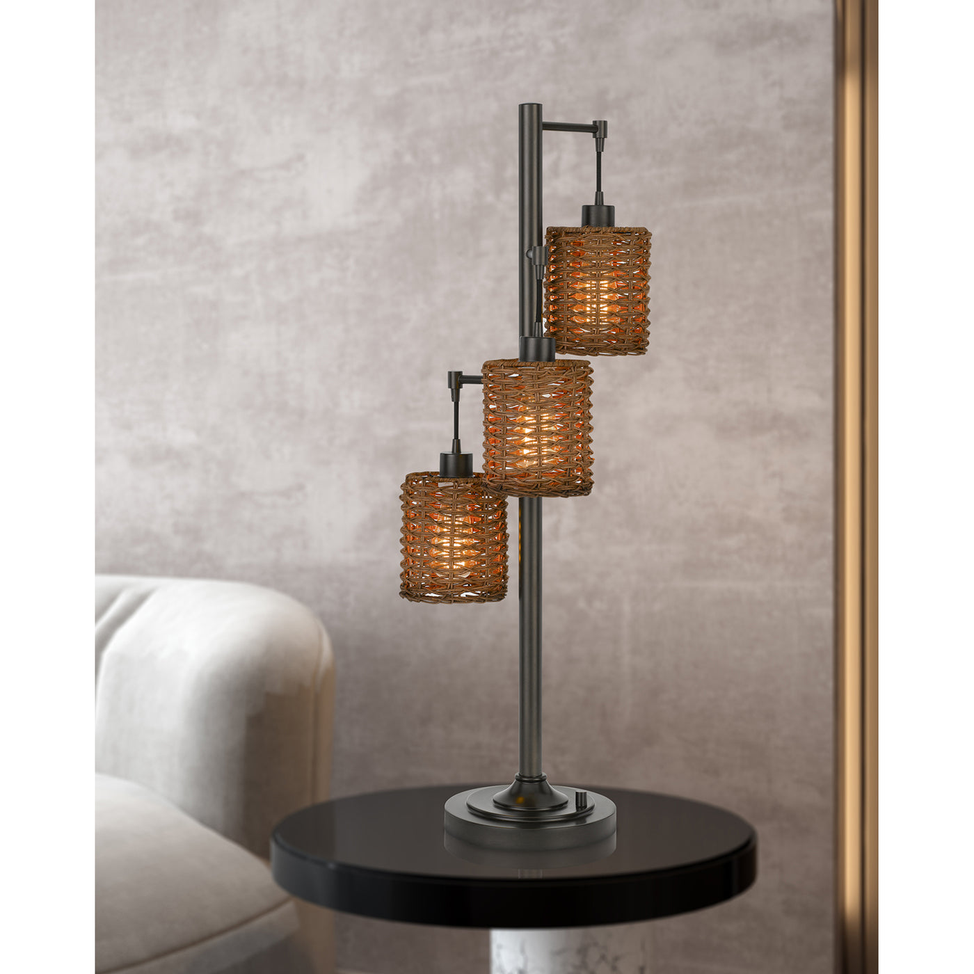 40W X3 CONNELL METAL TABLE LAMP WITH RATTAN SHADES WITH A BASE 3 WAY ROTARY SWITCH