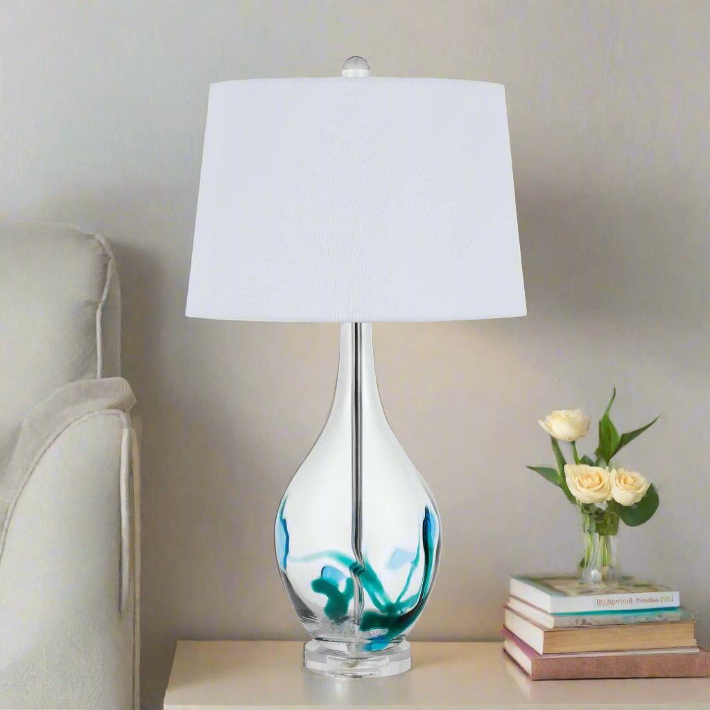 150W 3 WAY HARLAN GLASS TABLE LAMP WITH HARDBACK TAPER DRUM FABRIC SHADE