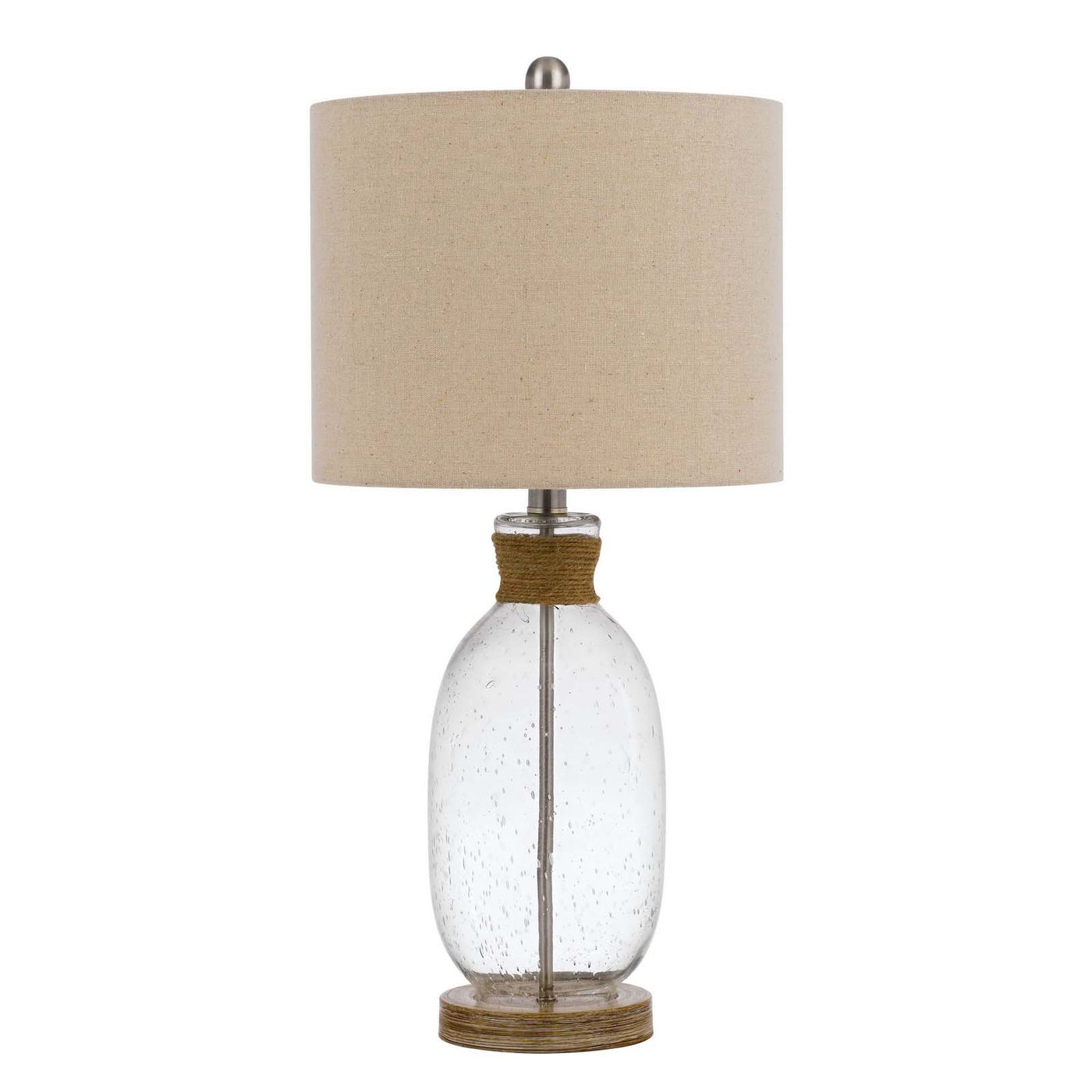 150W 3 way Seymour bubbled glass table lamp with resin base and hardback drum linen shade