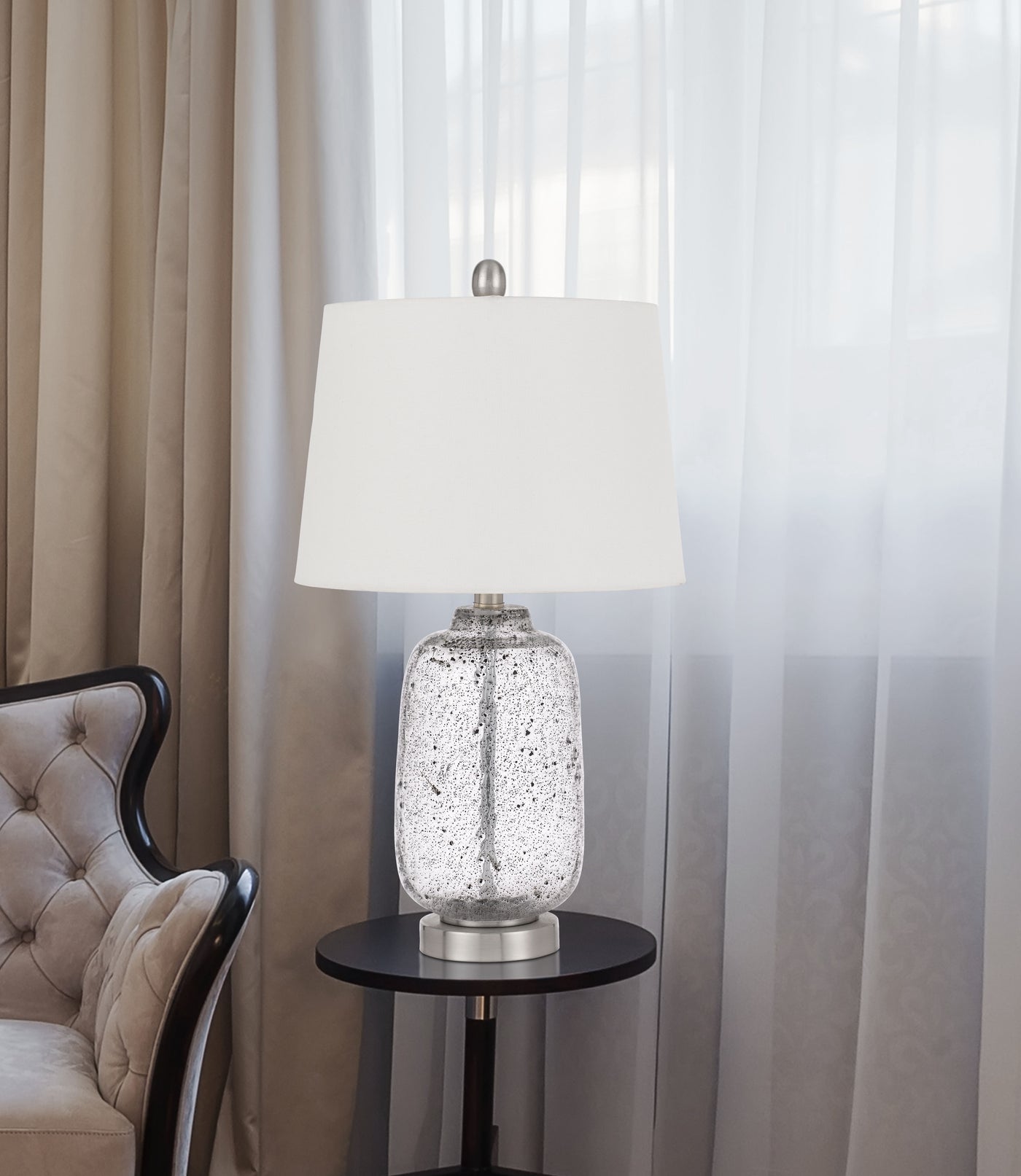 SOLARO DISTRESSED GLASS TABLE LAMP WITH HARDBACK TAPER DRUM SHADE