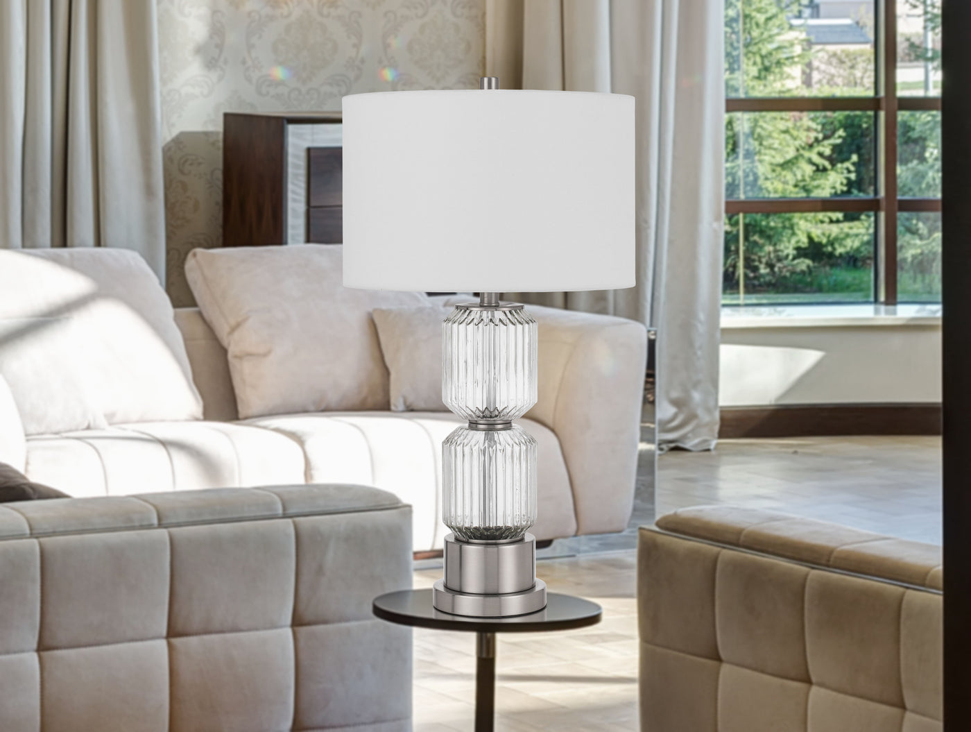 BRESSO FLUTED GLASS TABLE LAMP WITH HARDBACK DRUM SHADE