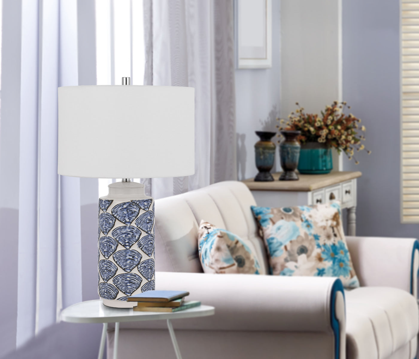 CAMBIAGO CERAMIC TABLE LAMP WITH SEASHELL DESIGN AND LINEN DRUM SHADE