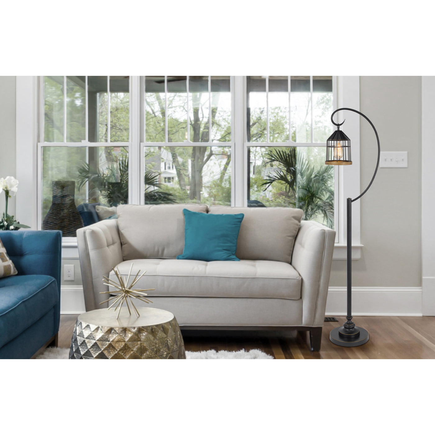 60W VALPARAISO DOWNBRIDGE METAL FLOOR LAMP WITH LANTERN STYLE METAL AND PINE WOOD SHADE