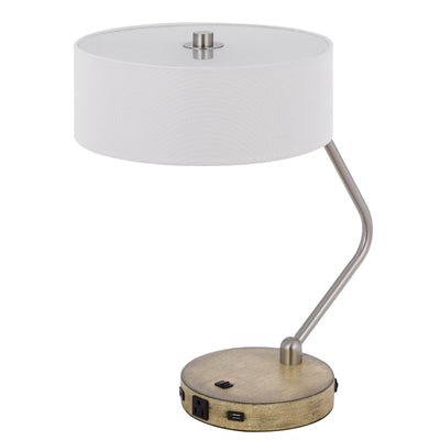 60W X 2 MARCOS METAL DESK LAMP WITH DRUM FABRIC SHADE AND 1 USB AND 1 TYPE C USB CHARGING PORT WITH RUBBER WOOD BASE