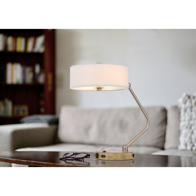 60W X 2 MARCOS METAL DESK LAMP WITH DRUM FABRIC SHADE AND 1 USB AND 1 TYPE C USB CHARGING PORT WITH RUBBER WOOD BASE