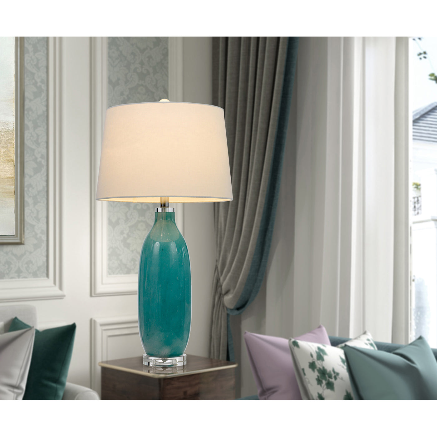 150W 3 WAY CULLMAN GLASS TABLE LAMP WITH CRYSTAL BASE AND HARDBACK TAPER DRUM FABRIC SHADE (SOLD AS PAIRS)