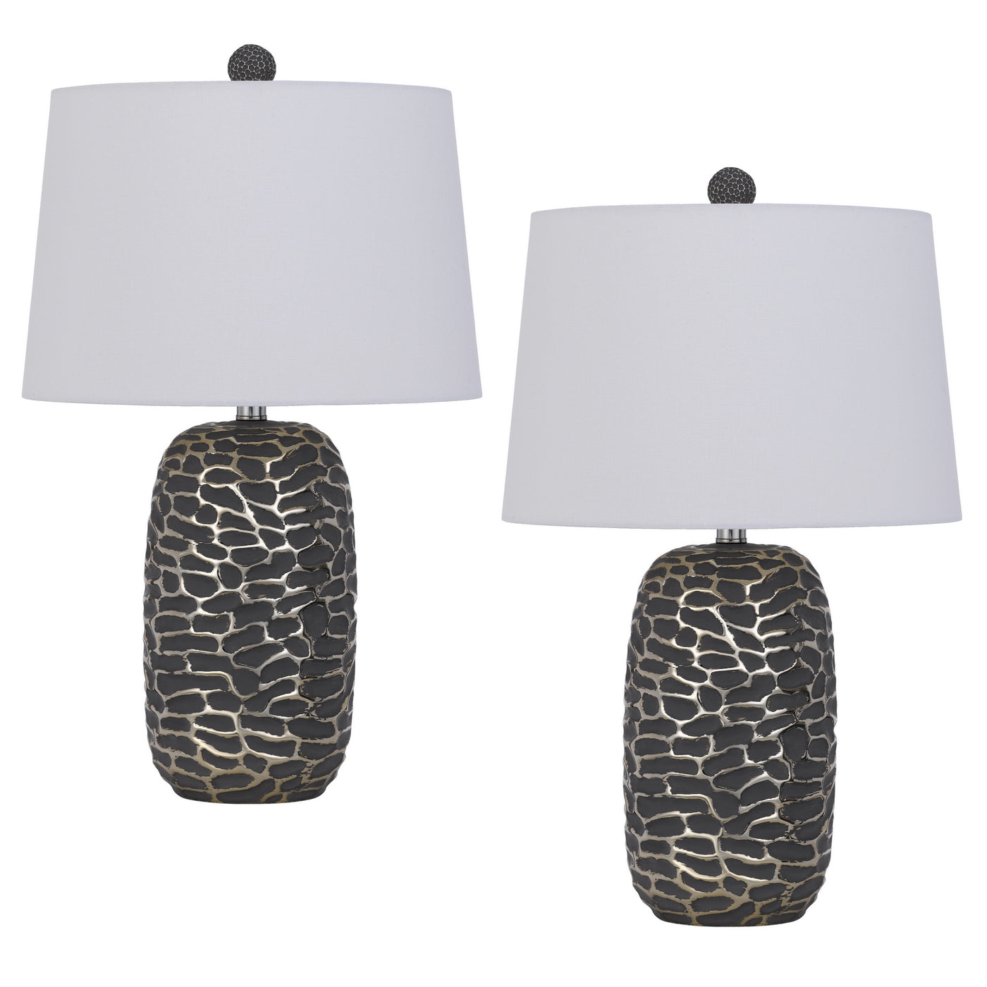 150W 3 way Menlo resin table lamp with hardback taper drum fabric shade (sold as pairs)