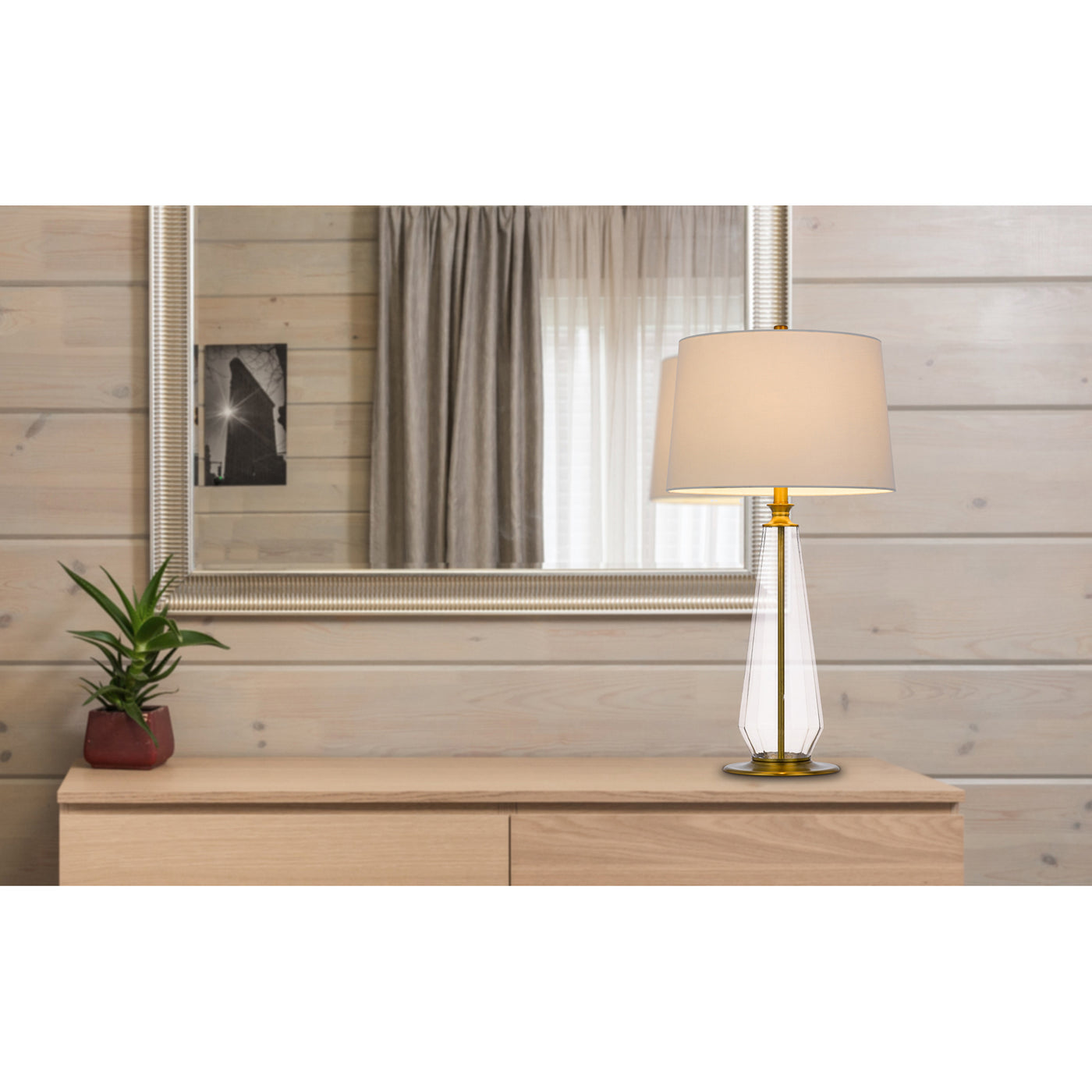 150W 3 WAY SOUTHINGTON GLASS TABLE LAMP WITH TAPER DRUM FABRIC SHADE (SOLD AS PAIRS)