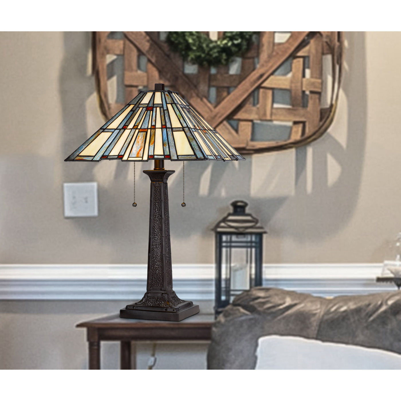 60W X 2 METAL/RESIN TIFFANY TABLE LAMP WITH PULL CHAIN SWITCHES