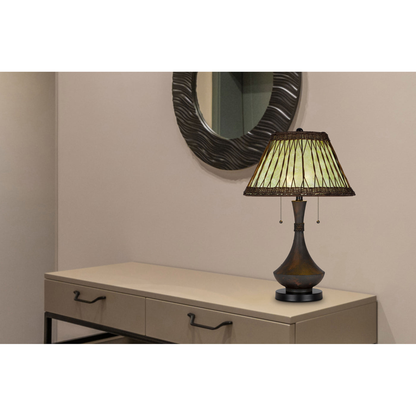 60W X 2 MATEO METAL/RESIN TABLE LAMP WITH PULL CHAIN SWITCHES AND RATTAN SHADE