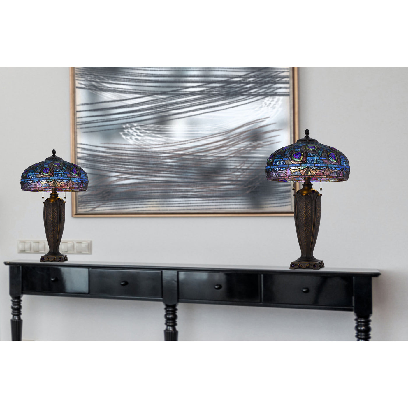 60W X 2 METAL/RESIN TIFFANY TABLE LAMP WITH PULL CHAIN SWITCHES