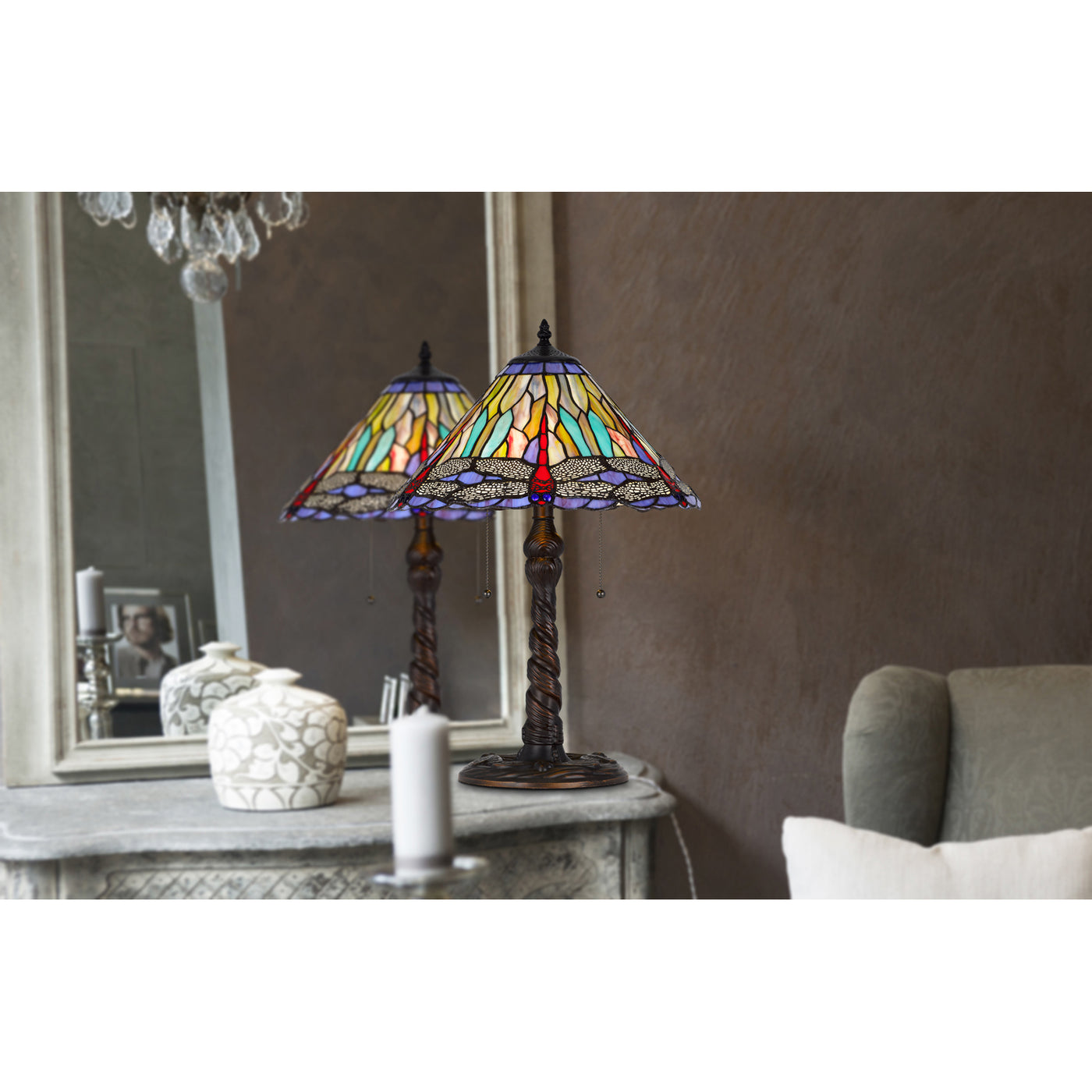 60W X 2 METAL/RESIN TIFFANY TABLE LAMP WITH PULL CHAIN SWITCHES