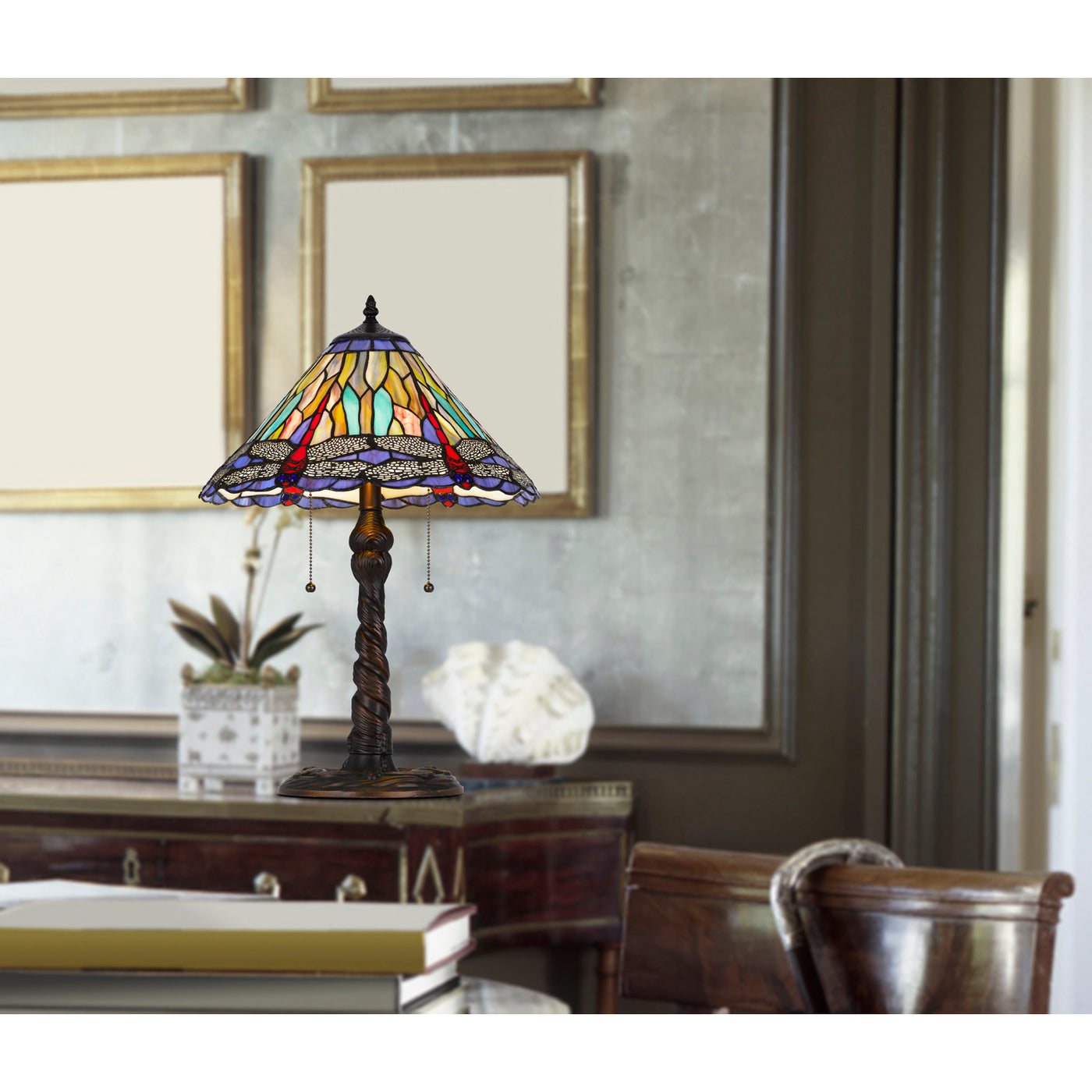 60W X 2 METAL/RESIN TIFFANY TABLE LAMP WITH PULL CHAIN SWITCHES