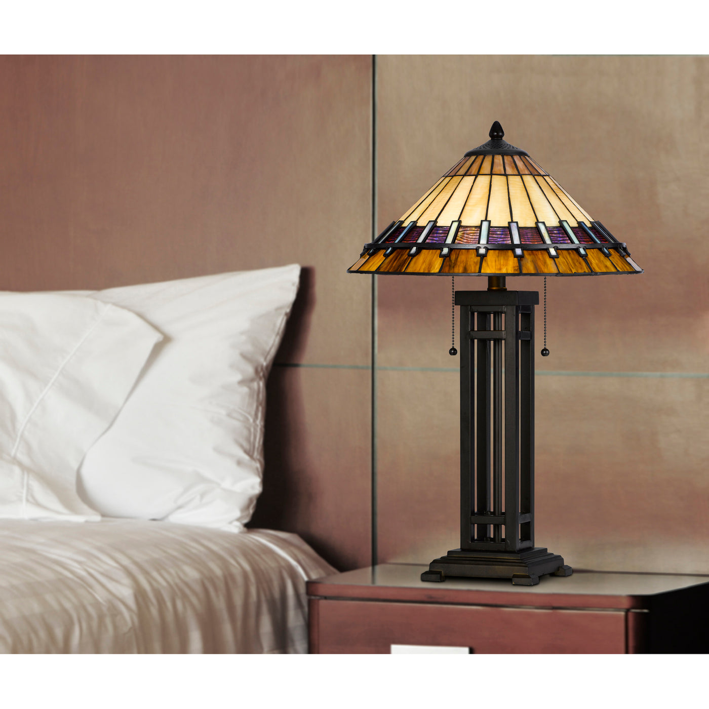 60W X 2 METAL/RESIN TIFFANY TABLE LAMP WITH PULL CHAIN SWITCHES