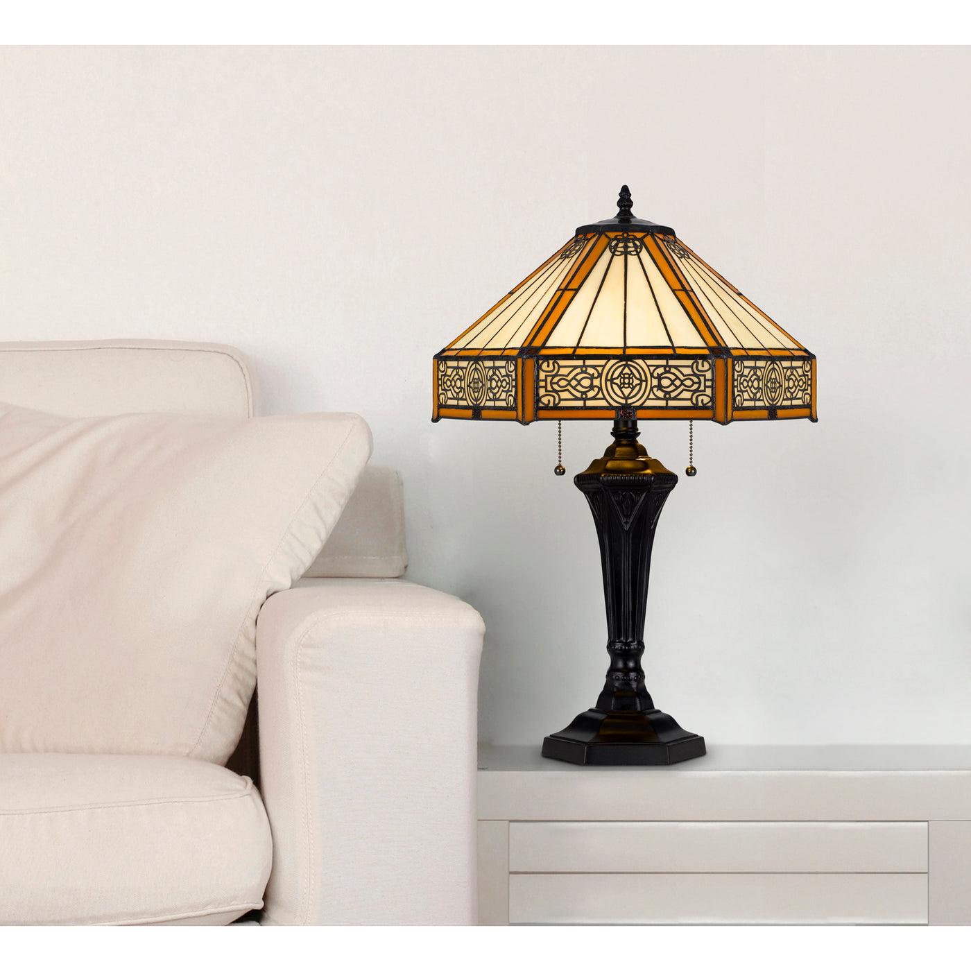 60W X 2 METAL/RESIN TIFFANY TABLE LAMP WITH PULL CHAIN SWITCHES