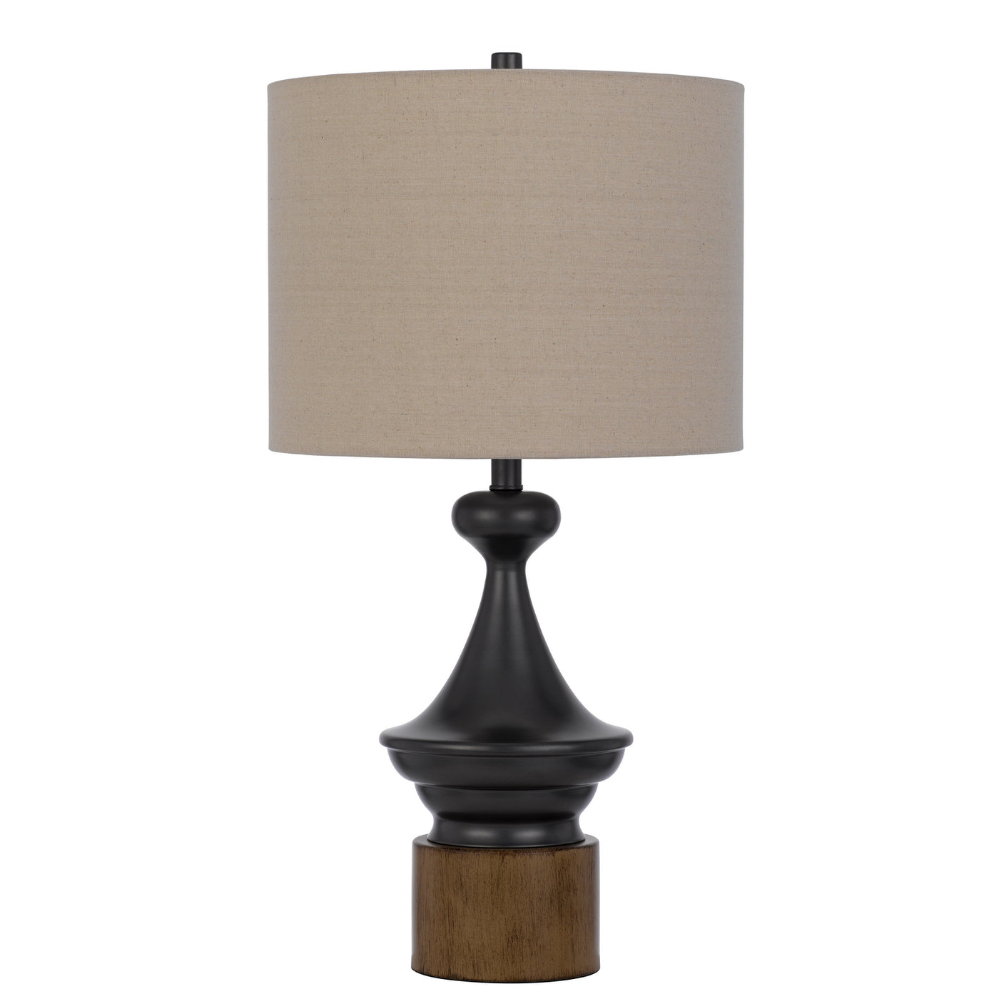 150W 3 WAY STERLING METAL/TABLE LAMP WITH FAUX WOOD METAL BASE AND DRUM LINEN SHADE Table Lamp Cal Lighting