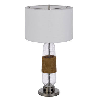 150W 3 WAY EVERETT BUBBLED GLASS TABLE LAMP WITH BURLAP DESIGN AND DRUM FABRIC SHADE. EQUIPPED WITH 1 USB AND 1 USB-C CHARGING PORTS Table Lamp Cal Lighting