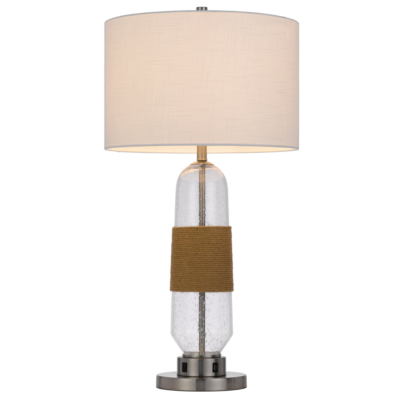 150W 3 WAY EVERETT BUBBLED GLASS TABLE LAMP WITH BURLAP DESIGN AND DRUM FABRIC SHADE. EQUIPPED WITH 1 USB AND 1 USB-C CHARGING PORTS Table Lamp Cal Lighting