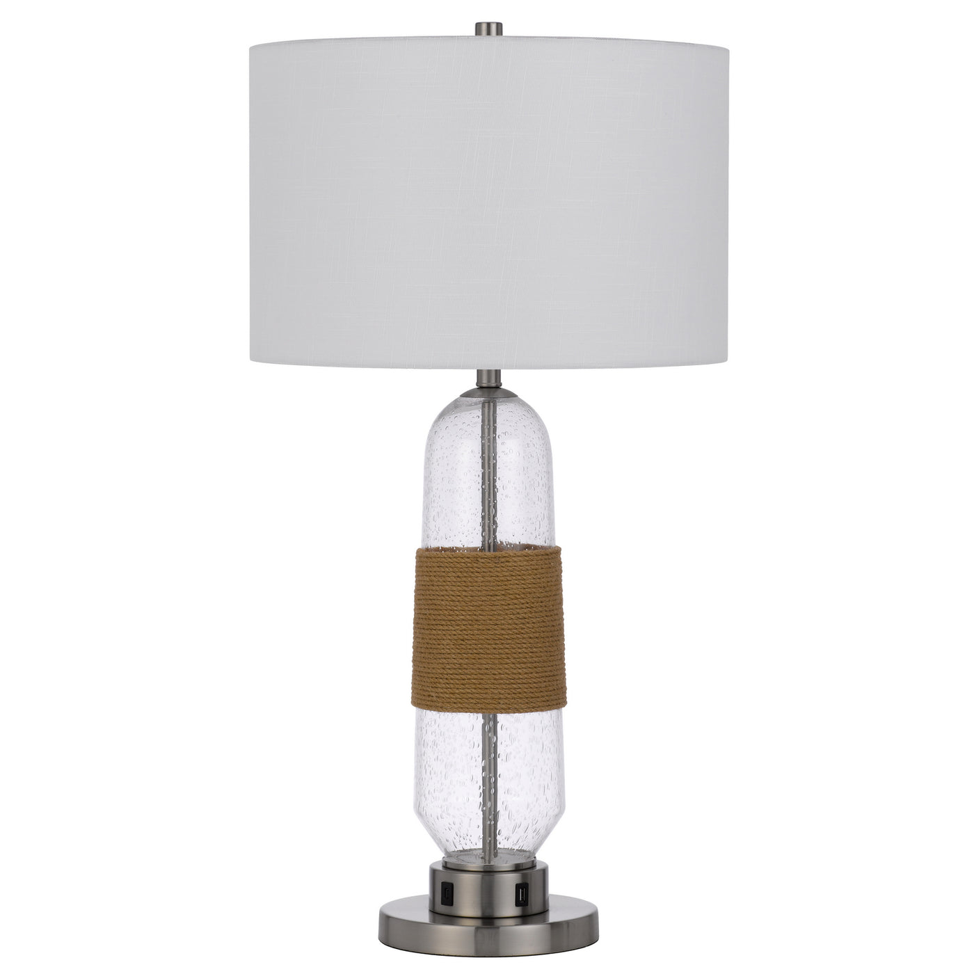 150W 3 WAY EVERETT BUBBLED GLASS TABLE LAMP WITH BURLAP DESIGN AND DRUM FABRIC SHADE. EQUIPPED WITH 1 USB AND 1 USB-C CHARGING PORTS Table Lamp Cal Lighting