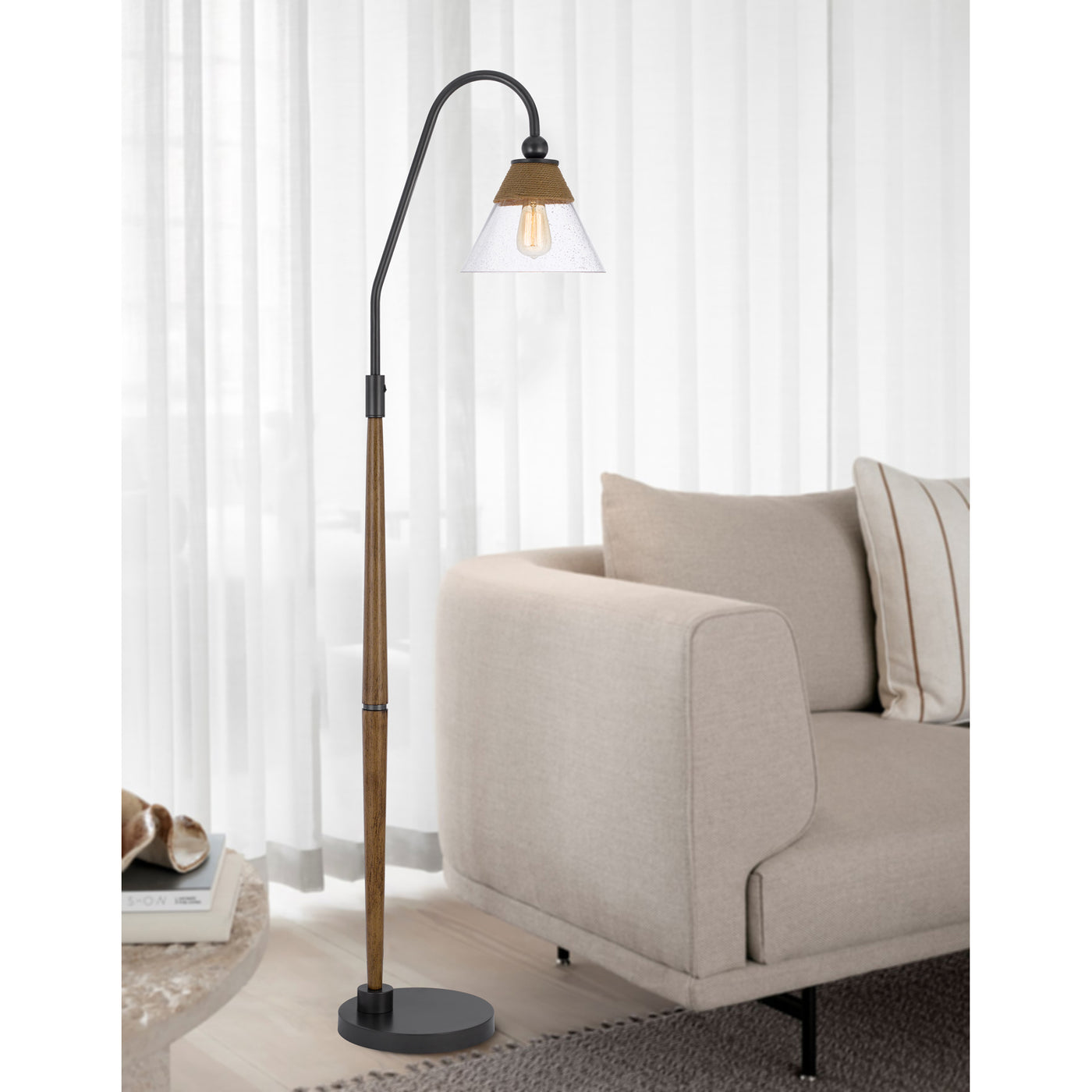 60W HINTON DOWNBRIDGE METAL FLOOR LAMP WITH FAUX WOOD POLE AND GLASS SHADE Floor Lamp Cal Lighting