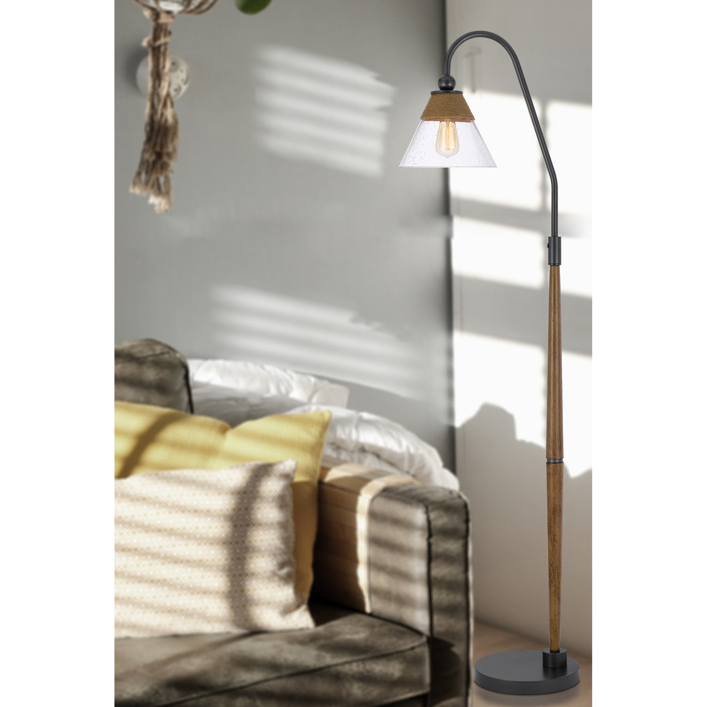 60W HINTON DOWNBRIDGE METAL FLOOR LAMP WITH FAUX WOOD POLE AND GLASS SHADE Floor Lamp Cal Lighting