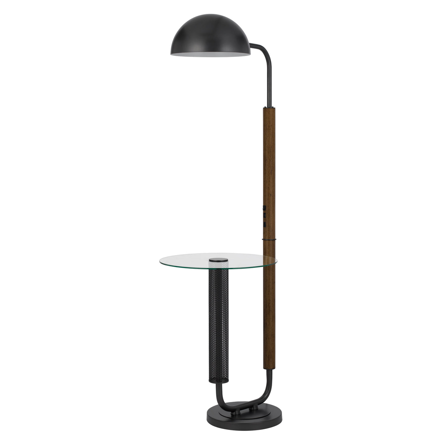 100W KEYSER METAL FLOOR LAMP WITH FAUX WOOD POLE AND GLASS TRAY TABLE AND METAL SHADE. EQUIPPED WITH 1 USB AND 1 USB-C CHARGING PORTS Floor Lamp Cal Lighting