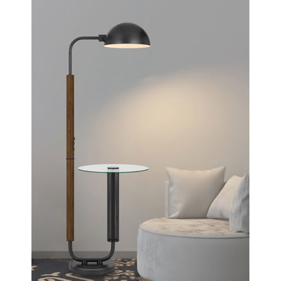 100W KEYSER METAL FLOOR LAMP WITH FAUX WOOD POLE AND GLASS TRAY TABLE AND METAL SHADE. EQUIPPED WITH 1 USB AND 1 USB-C CHARGING PORTS Floor Lamp Cal Lighting