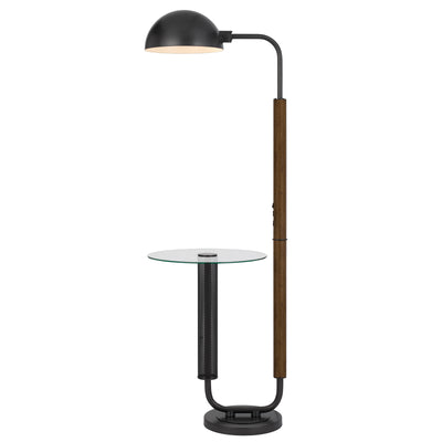 100W KEYSER METAL FLOOR LAMP WITH FAUX WOOD POLE AND GLASS TRAY TABLE AND METAL SHADE. EQUIPPED WITH 1 USB AND 1 USB-C CHARGING PORTS Floor Lamp Cal Lighting