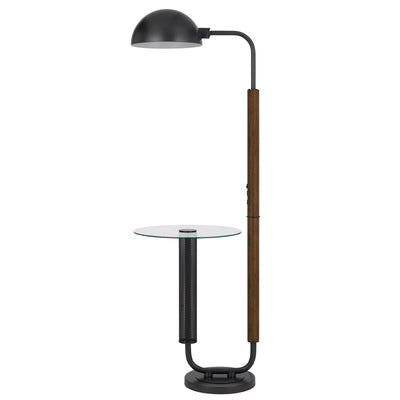 100W KEYSER METAL FLOOR LAMP WITH FAUX WOOD POLE AND GLASS TRAY TABLE AND METAL SHADE. EQUIPPED WITH 1 USB AND 1 USB-C CHARGING PORTS Floor Lamp Cal Lighting