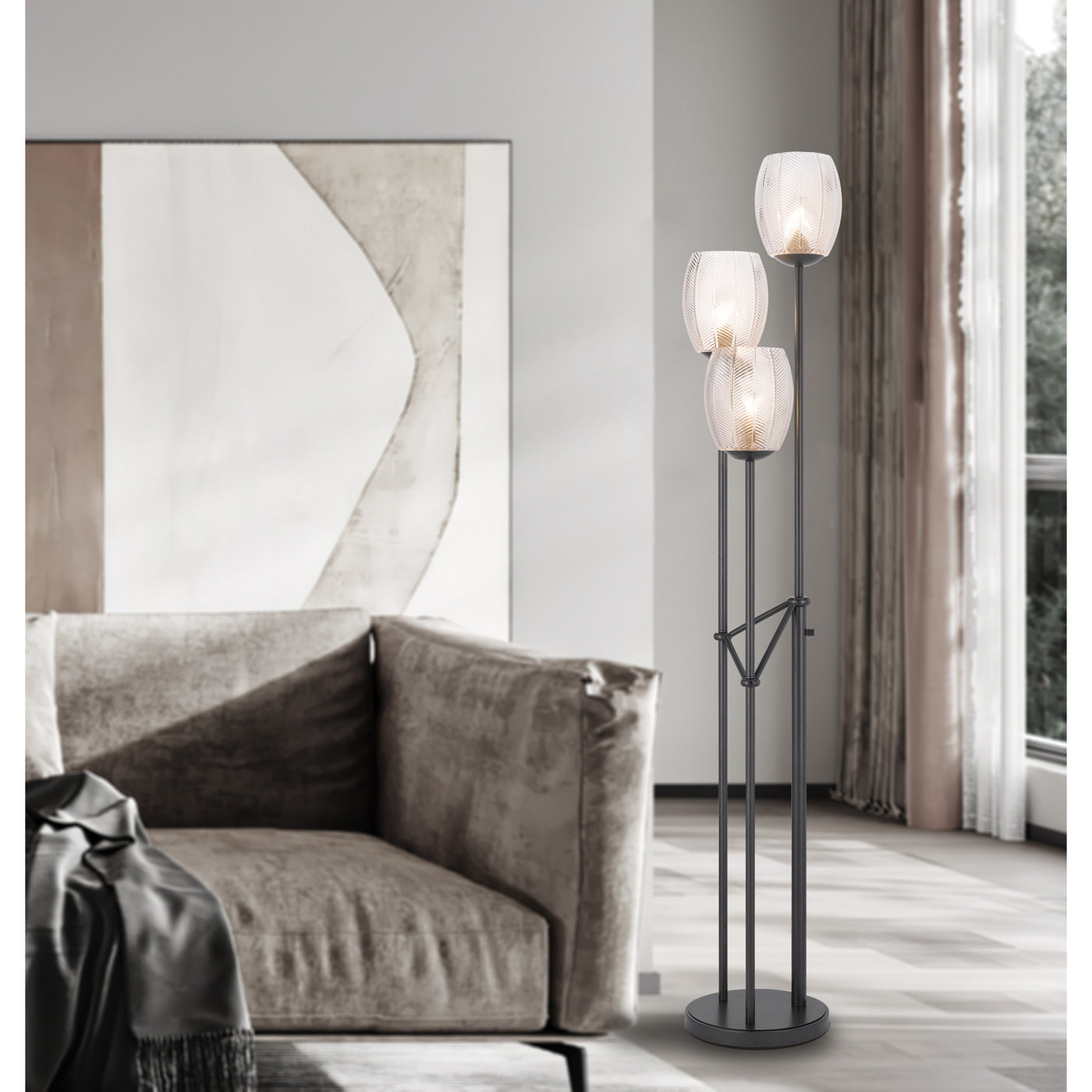 60W X 3 OCONTO METAL FLOOR LAMP WITH PATTERNED GLASS SHADES. Floor Lamp Cal Lighting