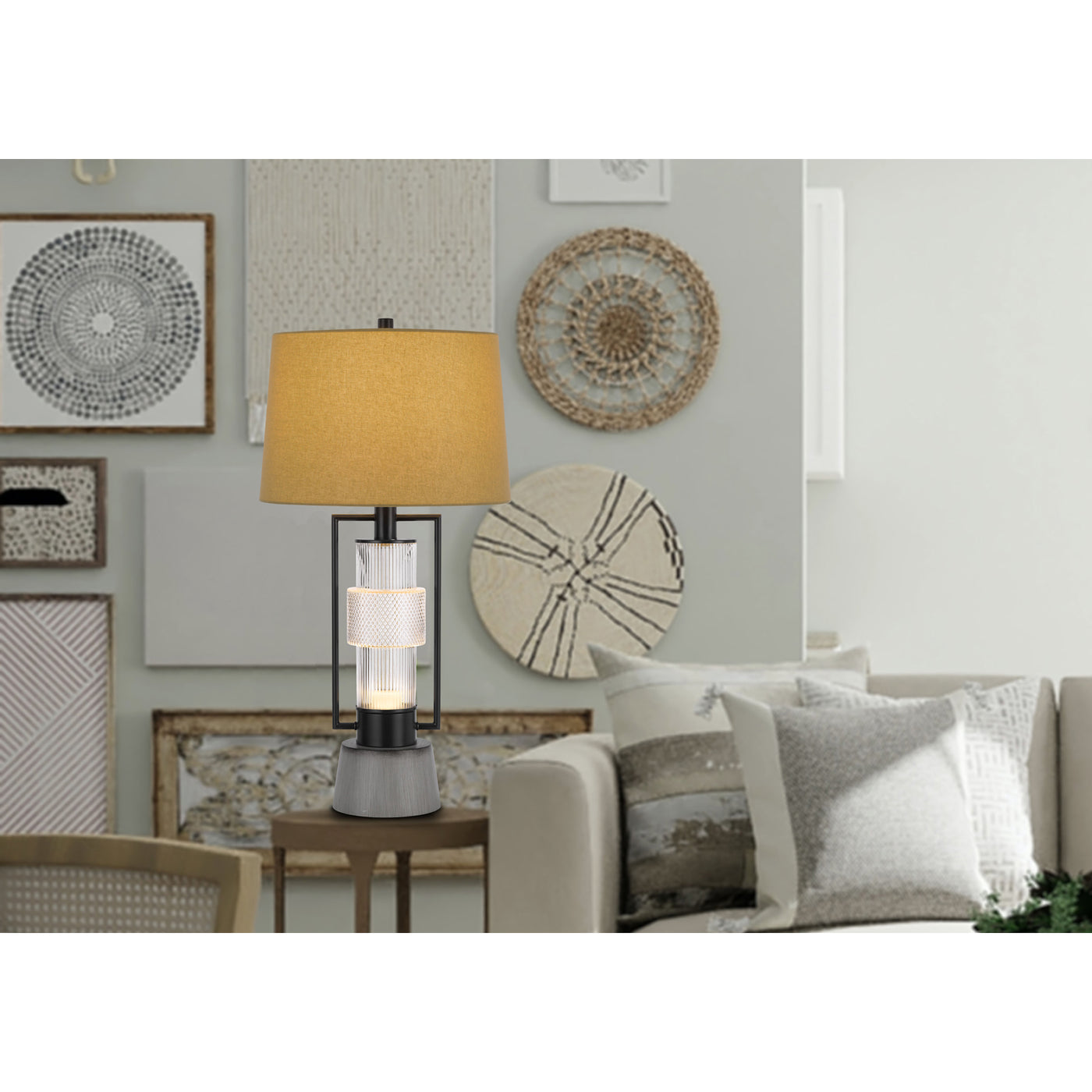 VALLDA 100W 3 WAY TABLE LAMP WITH 2W LED NIGHT LIGHT WITH METAL/GLASS BODY AND CEMENT BASE AND FINE BURLAP DRUM SHADE Table Lamp Cal Lighting