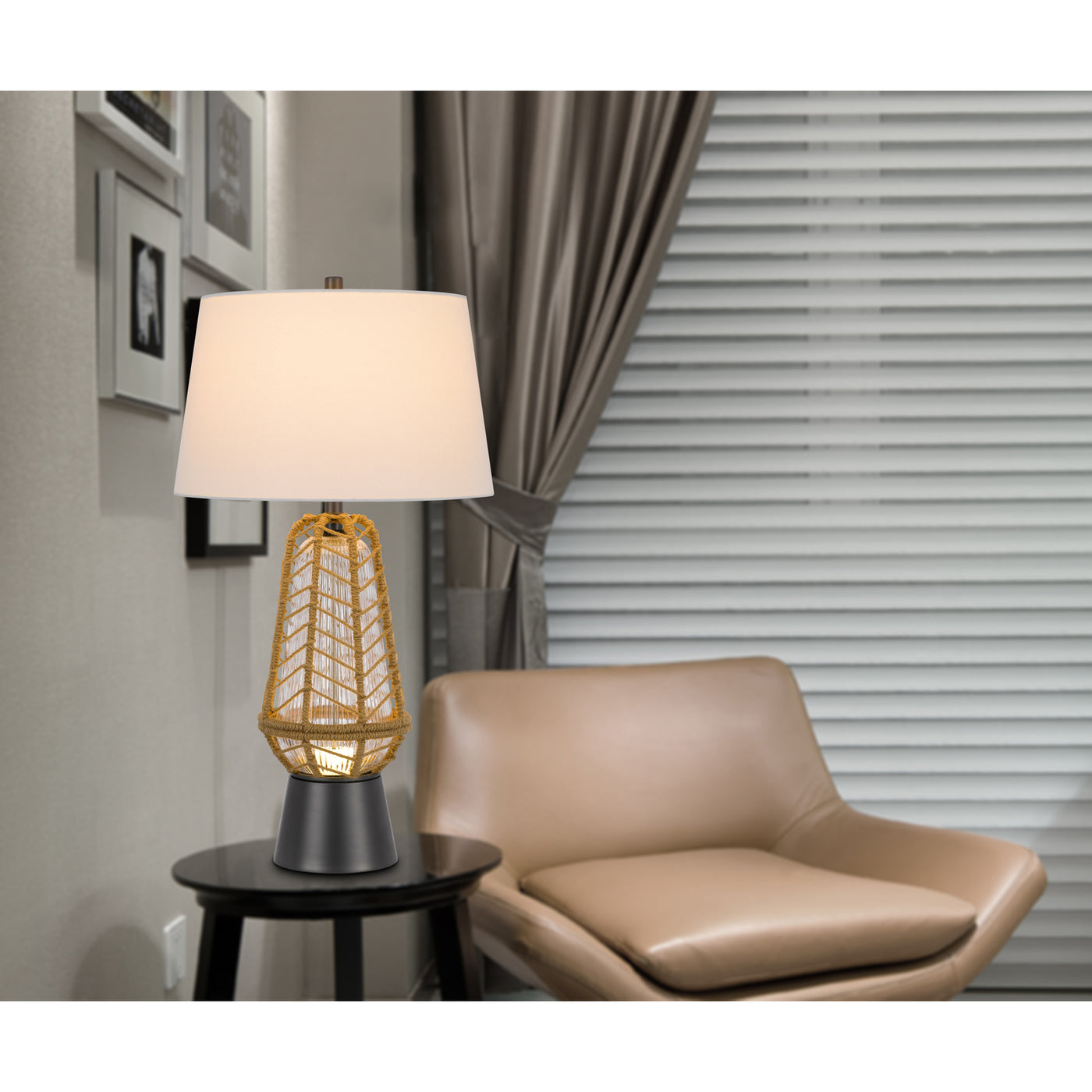 HANKO 100W 3 WAY TABLE LAMP WITH 2W LED NIGHT LIGHT WITH BURLAP WRAPPED GLASS AND METAL BASE Table Lamp Cal Lighting