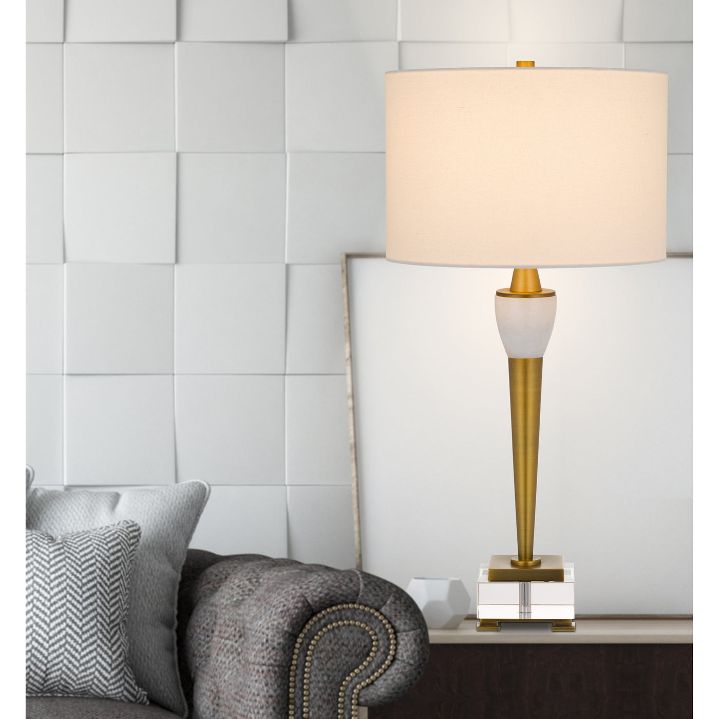 150W 3 WAY BRADFORD METAL TABLE LAMP WITH CRYSTAL BASE AND DRUM HARDBACK FABRIC SHADE