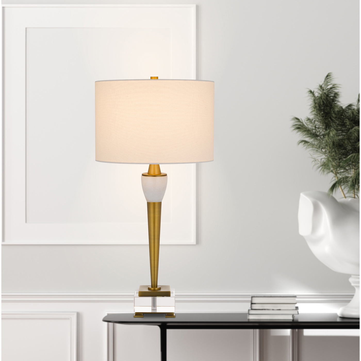 150W 3 WAY BRADFORD METAL TABLE LAMP WITH CRYSTAL BASE AND DRUM HARDBACK FABRIC SHADE