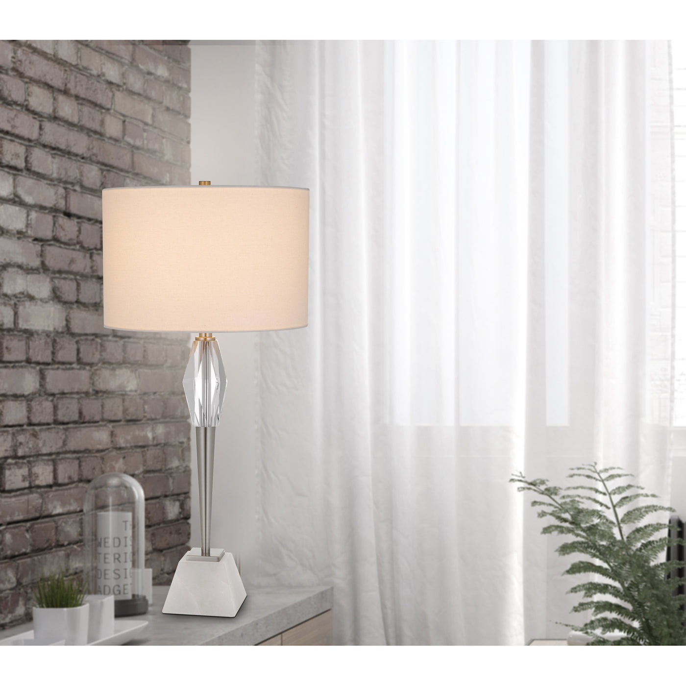 150W 3 WAY ASSEN METAL TABLE LAMP WITH CRYSTAL FONT / MARBLE BASE AND DRUM HARDBACK FABRIC SHADE Table Lamp Cal Lighting