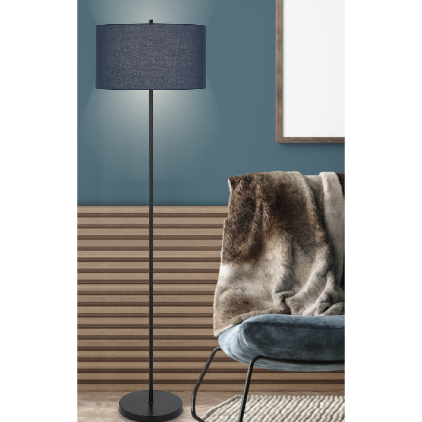 150W 3 WAYT CROMWELL METAL FLOOR LAMP WITH NAVY BLUE LINEN SHADE Floor Lamp Cal Lighting