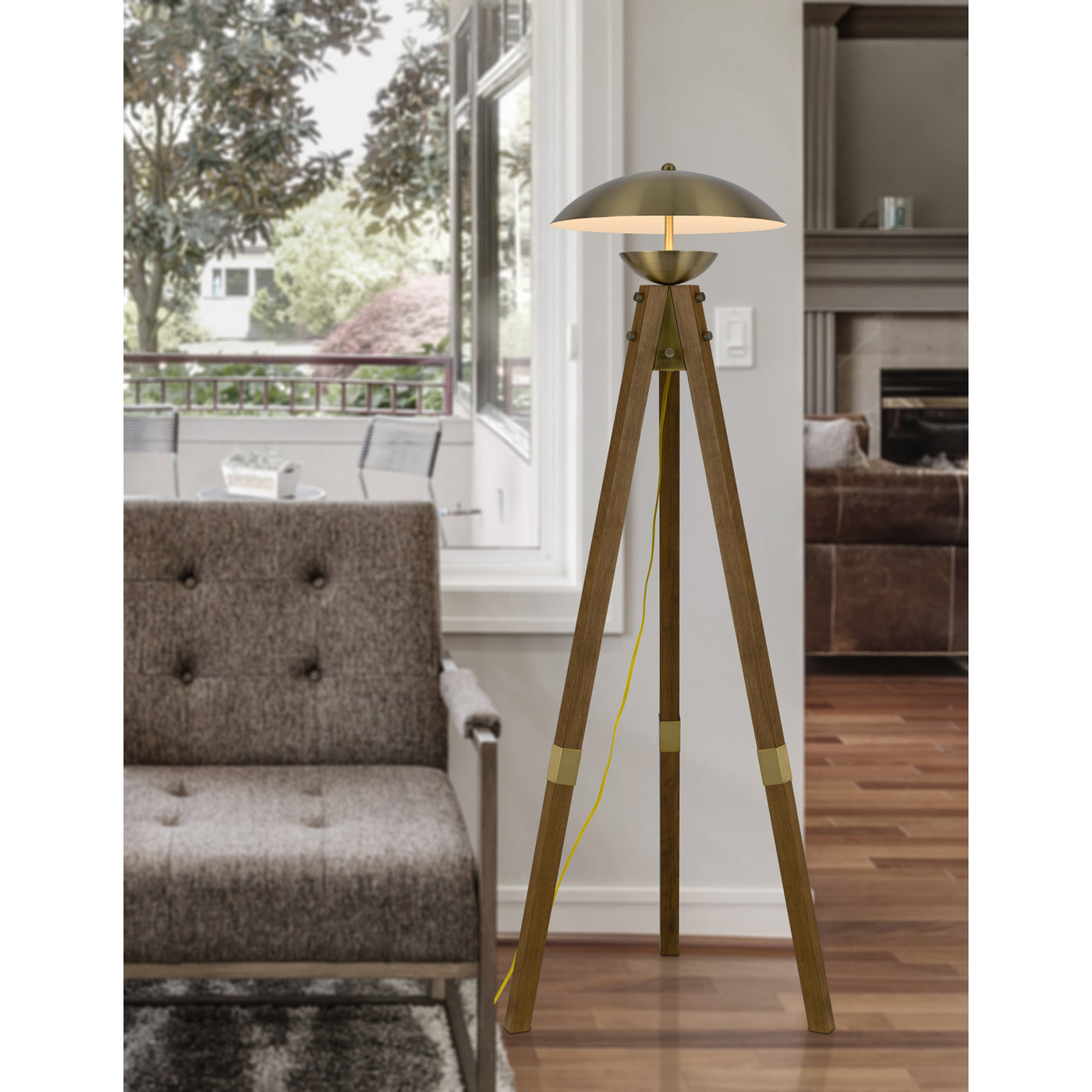 LAKELAND 18W INTERGRATED LED TRIPOD BIRCH WOOD FLOOR LAMP WITH HALF DOMED METAL SHADE Floor Lamp Cal Lighting