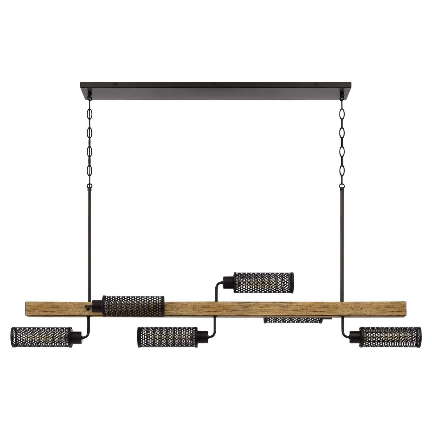 60W X 6 LENOX PINE WOOD ISLAND CHANDELIER WITH METAL MESH SHADES Linear Cal Lighting