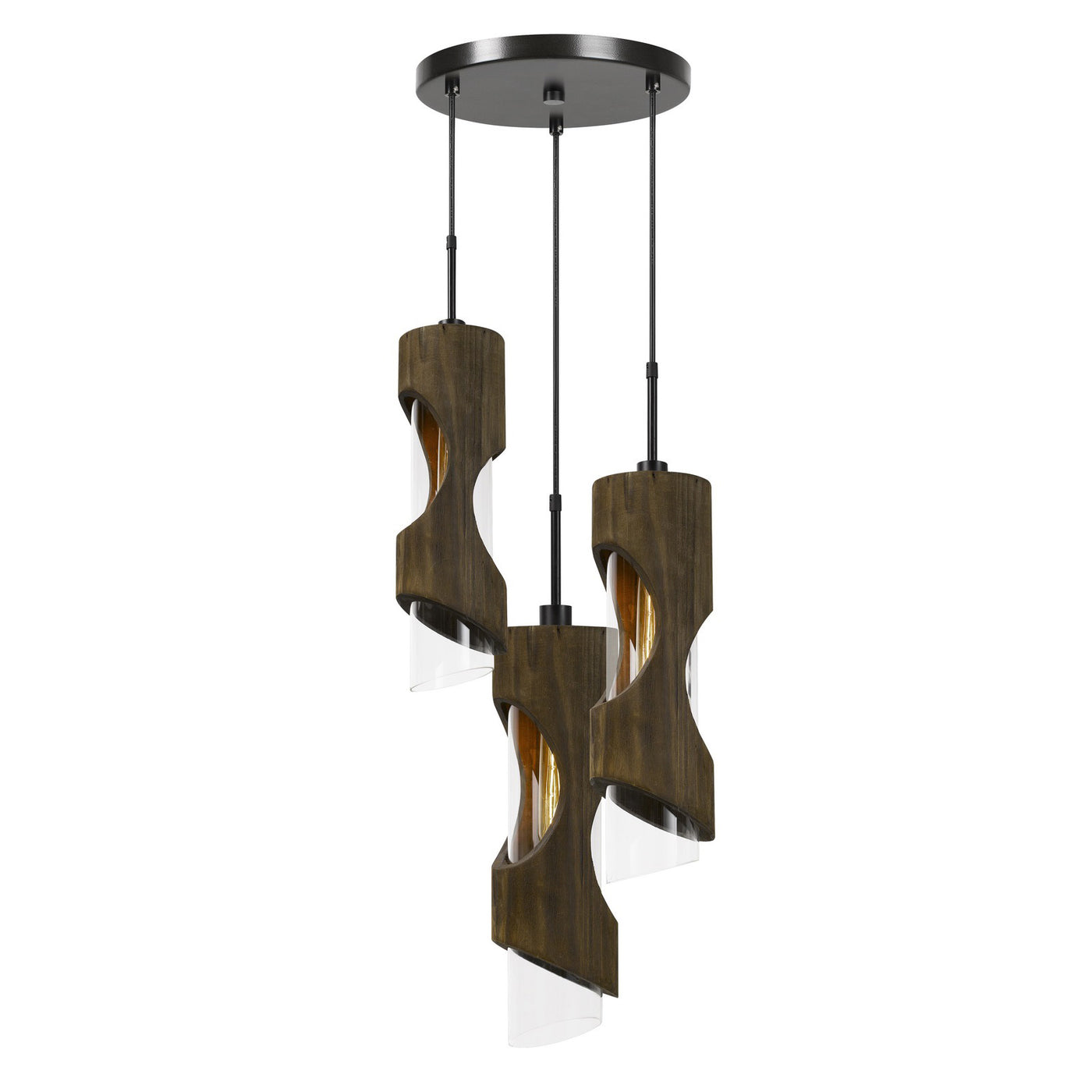 60W X 3 ZAMORA 3 LIGHT WOOD PENDANT WITH CLEAR GLASS SHADE (EDISON BULBS NOT INCLUDED) Pendant Cal Lighting