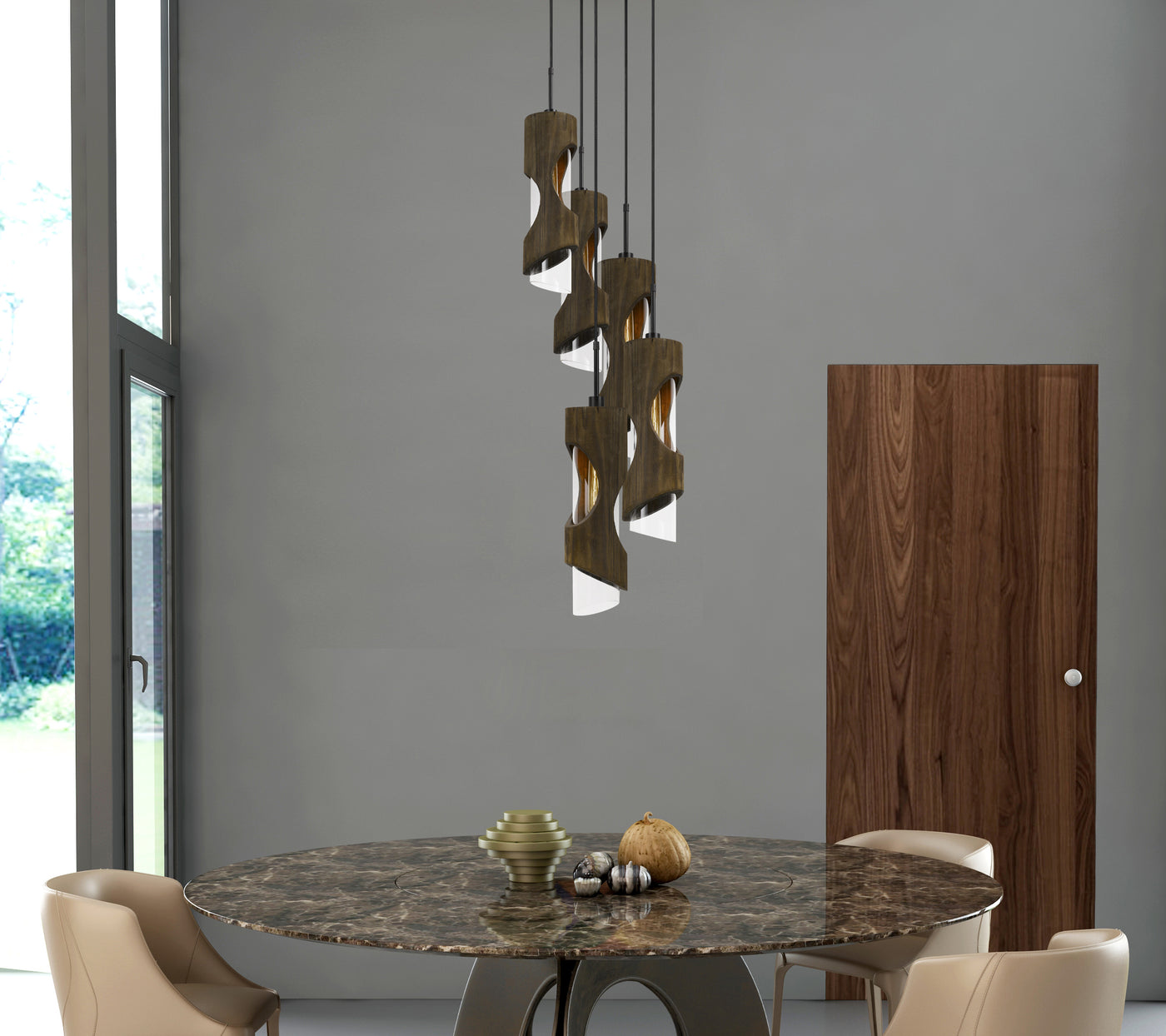 60W X 5 ZAMORA 5 LIGHT WOOD PENDANT WITH CLEAR GLASS SHADE (EDISON BULBS NOT INCLUDED) Pendant Cal Lighting