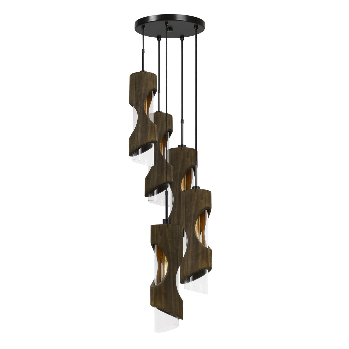 60W X 5 ZAMORA 5 LIGHT WOOD PENDANT WITH CLEAR GLASS SHADE (EDISON BULBS NOT INCLUDED) Pendant Cal Lighting