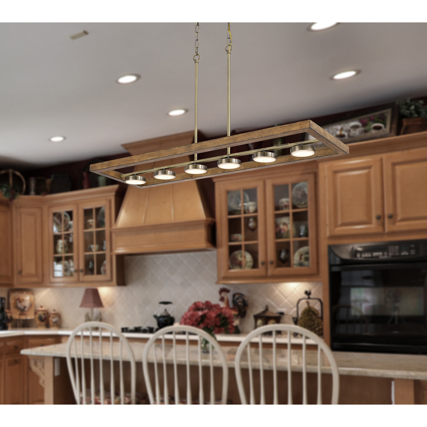 5W X 6, 30W, 3000K, 2200 LUMEN KELSO DIMMABLE INTERGRATED LED RUBBER WOOD ISLAND CHANDELIER Linear Cal Lighting