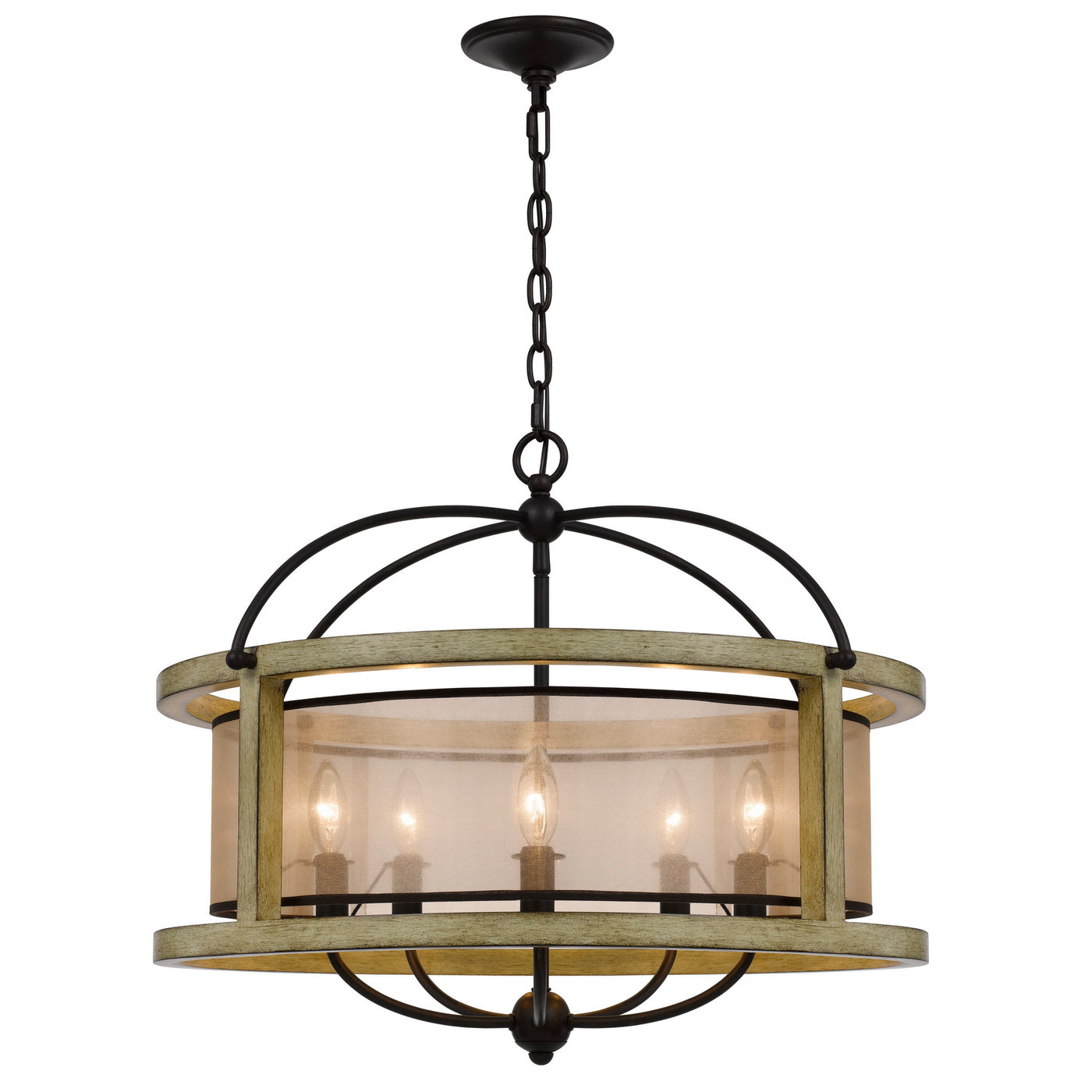 PALENCIA RUBBER WOOD ROUND CHANDELIER WITH ORGANZA SHADE Floor Lamp Cal Lighting